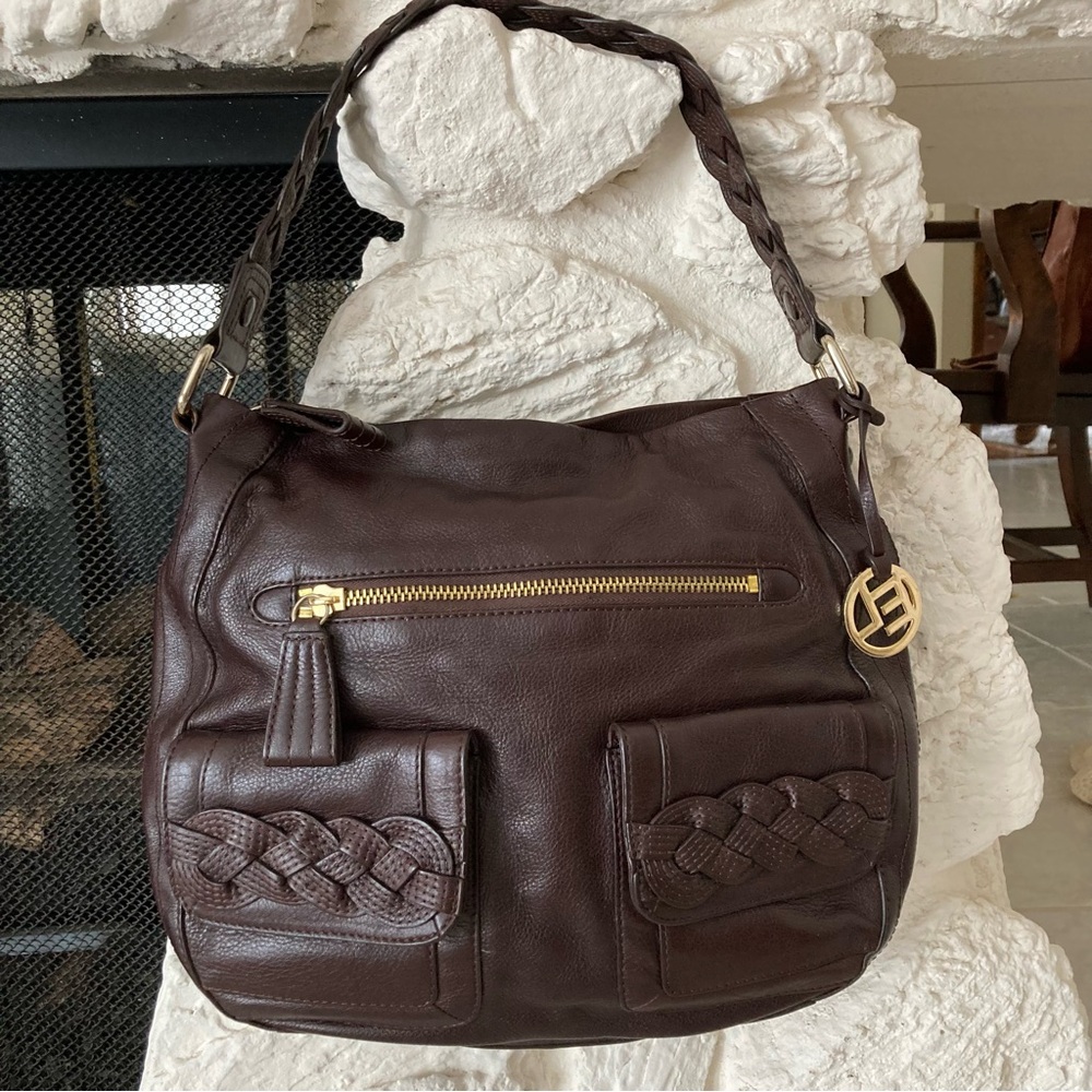 NWOT Elliott Luca dark brown leather shoulder “Moto Hobo” style bag - Picture 1 of 12